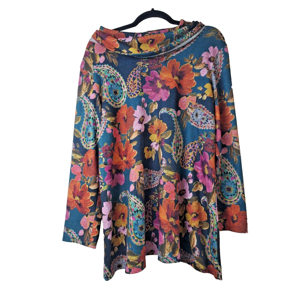 Jess & Jane Womens Large Top Floral Tunic Cowl Neck Long Sleeve‎ Stretch Flowers
